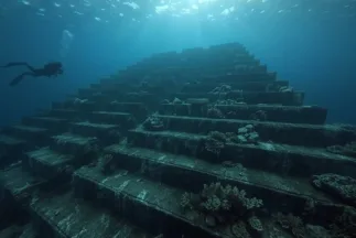 Vista submarina realista del Yonaguni Monument, con estructuras megalíticas escalonadas y un buzo observando las ruinas en las profundidades del océano Pacífico