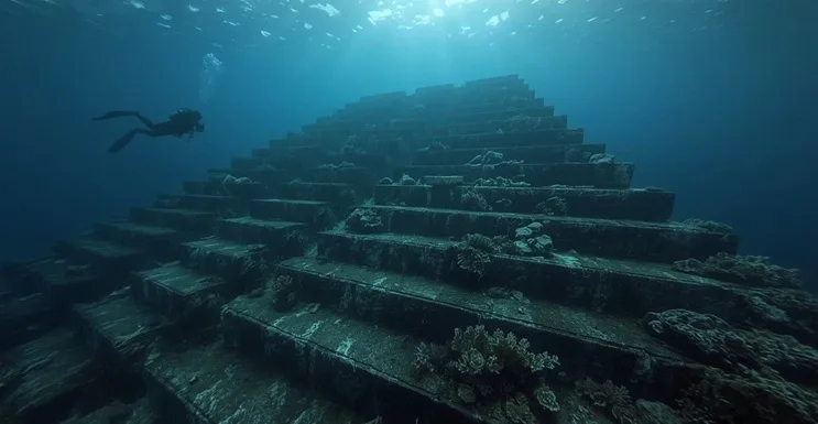 Vista submarina realista del Yonaguni Monument, con estructuras megalíticas escalonadas y un buzo observando las ruinas en las profundidades del océano Pacífico