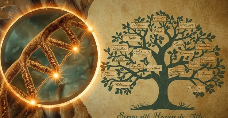 Ilustración de una doble hélice de ADN ampliada conectada a un árbol genealógico antiguo sobre pergamino, con apellidos españoles sugeridos en las ramas y motivos mediterráneos en el fondo.