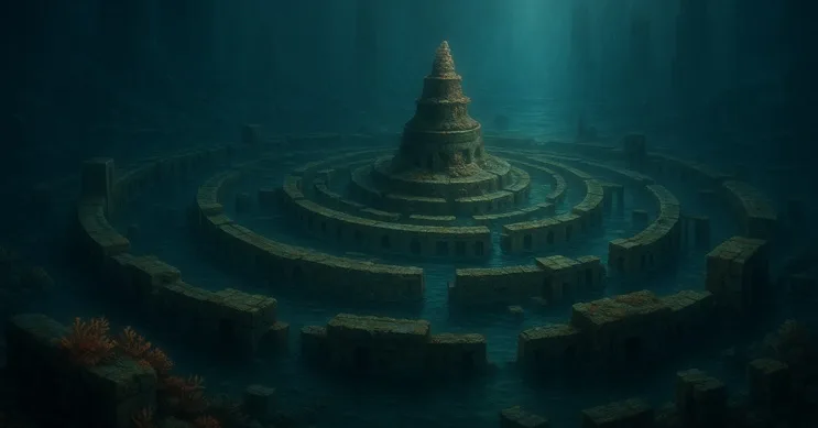 Reconstrucción visual de una ciudad sumergida de estilo circular, evocando la relación entre Tartessos y la leyenda de la Atlántida.