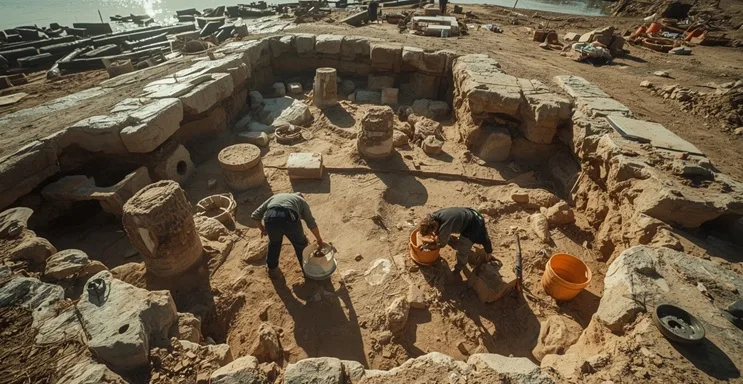 Excavación arqueológica en las marismas del Guadalquivir mostrando restos de cerámica, herramientas antiguas y ruinas asociadas a Tartessos.