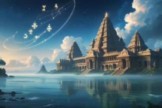 Ilustración mística de Lemuria inspirada en los Vedas, con templos antiguos semi sumergidos y símbolos sánscritos flotando sobre un paisaje espiritual.