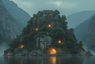 Imagen representativa de Aztlán: una isla sagrada con siete cuevas iluminadas, rodeada de montañas y aguas tranquilas, asociada a la hipótesis Aztlán ubicación Utah.