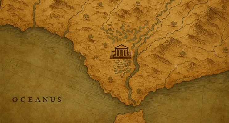 Mapa antiguo del suroeste de la Península Ibérica mostrando la supuesta ubicación de Tartessos, con detalles náuticos y simbología fenicia.