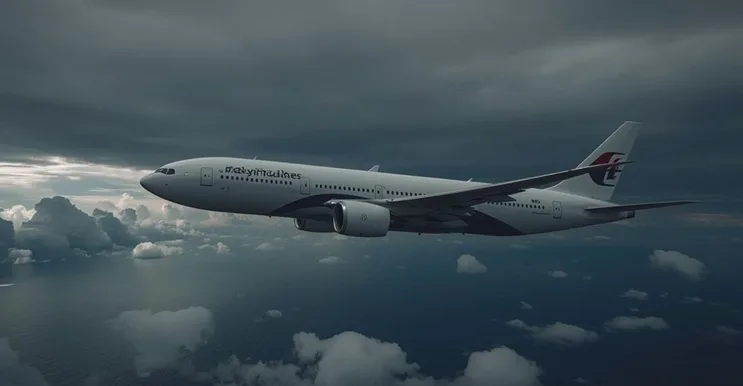 Avión comercial sobre océano cubierto de nubes en el horizonte, imagen que sugiere misterio y desaparición