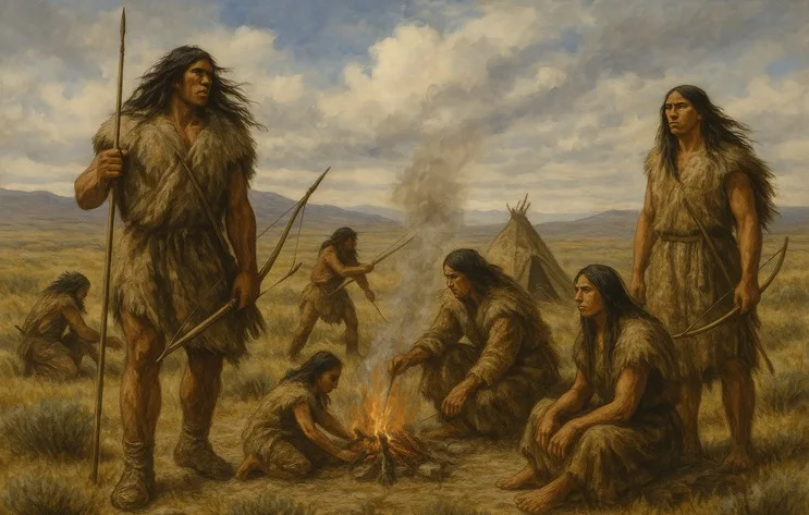 Campamento de indígenas tehuelches en la estepa patagónica, actividades diarias, hombres y mujeres altos con pieles y lanzas