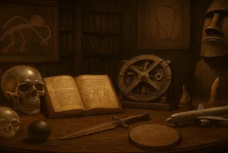 ChatGPT Plus Por supuesto. Aquí tienes un ALT optimizado para SEO y accesibilidad: alt="Ilustración realista de una biblioteca antigua con mesa central mostrando los grandes misterios sin resolver de la historia: Manuscrito Voynich, calavera de cristal, esfera metálica, disco de Festos, mecanismo de Anticitera, estatua moái, daga antigua y maqueta de avión, rodeados de símbolos y grabados en un ambiente enigmático y misterioso.
