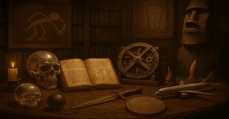 ChatGPT Plus Por supuesto. Aquí tienes un ALT optimizado para SEO y accesibilidad: alt="Ilustración realista de una biblioteca antigua con mesa central mostrando los grandes misterios sin resolver de la historia: Manuscrito Voynich, calavera de cristal, esfera metálica, disco de Festos, mecanismo de Anticitera, estatua moái, daga antigua y maqueta de avión, rodeados de símbolos y grabados en un ambiente enigmático y misterioso.
