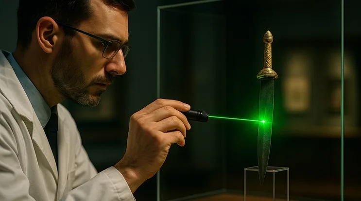 Científico iluminando con láser verde la daga de Tutankamón durante análisis