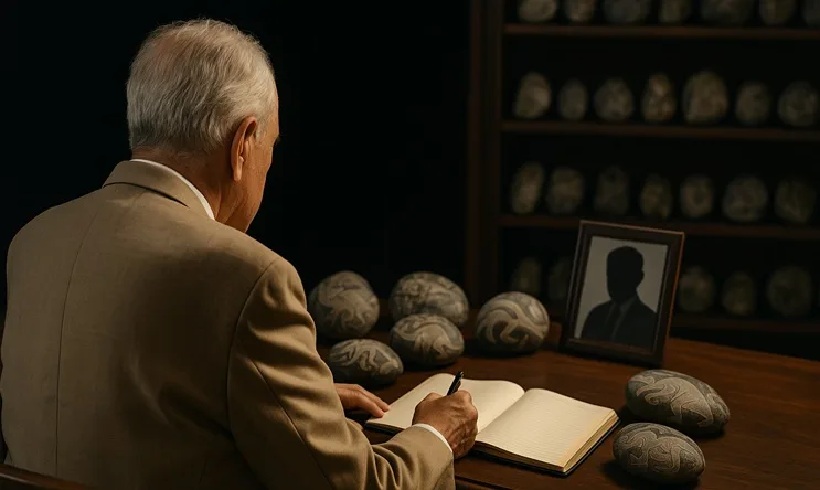 Doctor mayor escribiendo en un cuaderno, rodeado de piedras de Ica en estanterías; escena inspirada en el trabajo del Dr. Javier Cabrera Darquea.