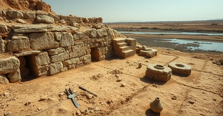 Excavación victoriana en Nimrud (Kalhu): Austen Henry Layard y obreros entre ruinas del Palacio del Noroeste donde apareció la lente de Nimrud.
