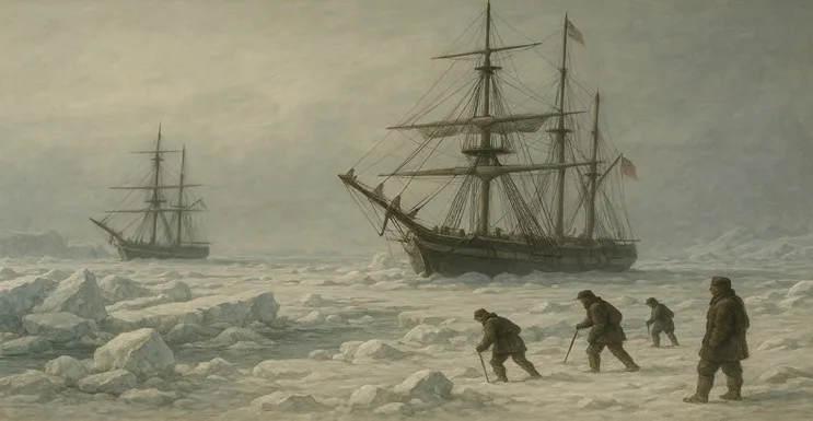 Barco antiguo atrapado en el hielo del Ártico rodeado de niebla y auroras boreales, sensación de misterio y soledad