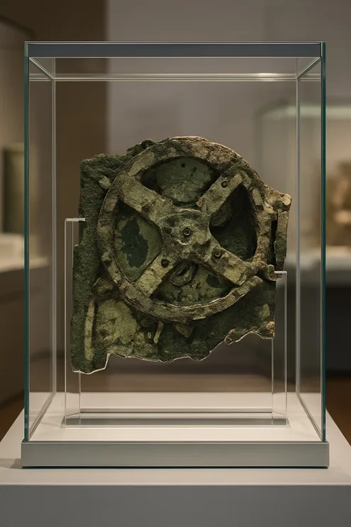 Fragmento del mecanismo de Anticitera exhibido en una vitrina de cristal, con iluminación tenue en un museo moderno.