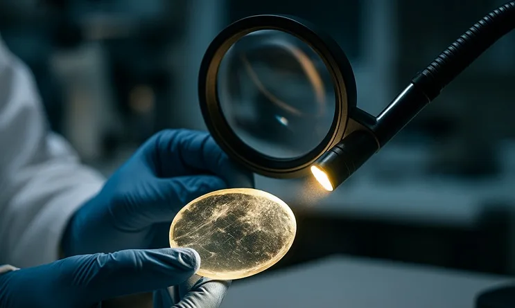 Investigador de laboratorio examinando la lente de Nimrud bajo luz rasante; se observan rayas de pulido e imperfecciones ópticas.