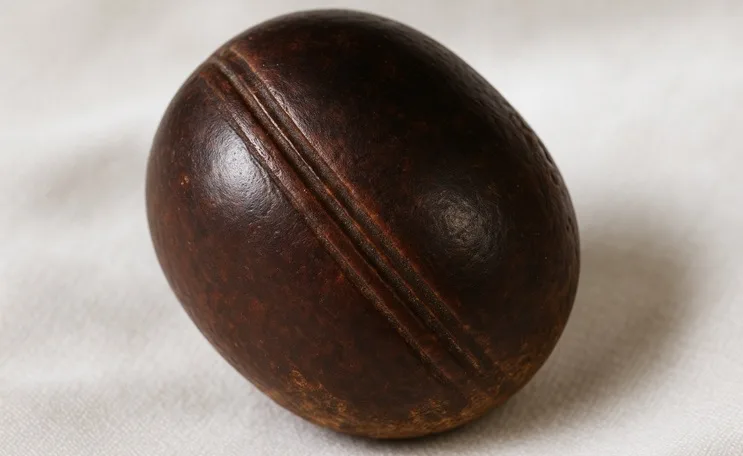 Pequeña esfera metálica brillante con estrías colocada sobre roca oscura, destacando su simetría inexplicable