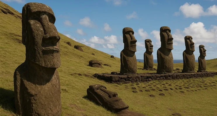 Moáis de Isla de Pascua, uno de los grandes misterios sin resolver de la historia, estatuas de piedra alineadas sobre el paisaje volcánico original bajo cielo azul.