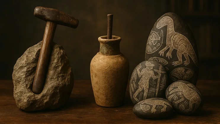 Comparación visual de OOPArts famosos: el martillo de Londres incrustado en roca, la pila de Bagdad con terminales de cobre, y una piedra de Ica grabada con escenas anacrónicas. Representación simbólica de artefactos que desafían la historia oficial.