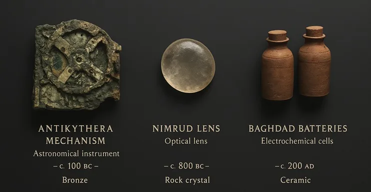Panel informativo con ilustraciones de la máquina de Anticitera, la lente de Nimrud y las baterías de Bagdad, con fechas y materiales destacados.