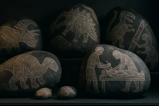 Piedras de Ica exhibidas en vitrina, con grabados de dinosaurios y escenas de cirugía bajo iluminación tenue.