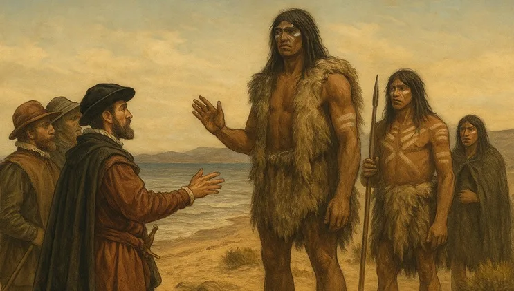 Primer encuentro entre exploradores europeos y gigantes patagones, indígenas tehuelches altos, costa de la Patagonia, siglo XVI.