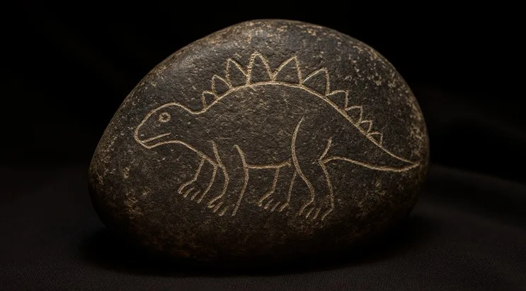 Primer plano de una piedra de Ica con un dinosaurio grabado, iluminada en un entorno de museo.