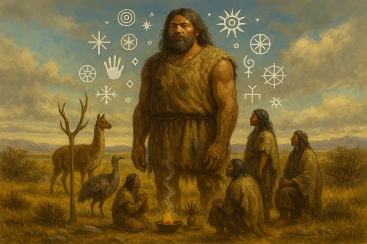 Representación del Nosjthej, gigante sagrado de la mitología tehuelche, rodeado de símbolos espirituales y animales patagónicos.