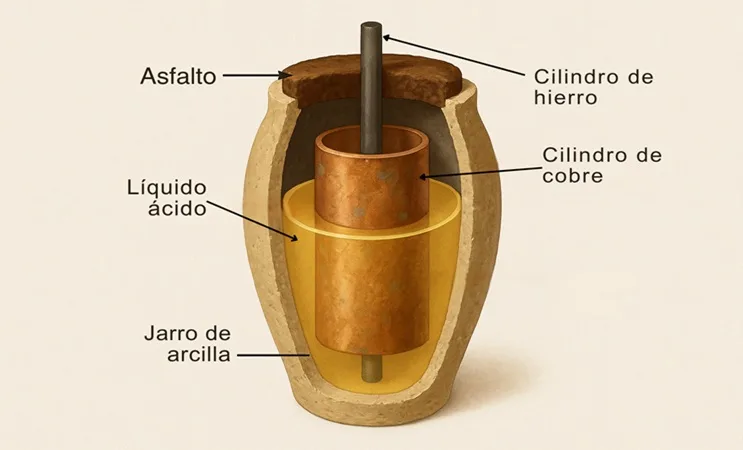 Esquema baterías de Bagdad: jarro de arcilla, asfalto, cilindro de cobre, barra de hierro y líquido ácido