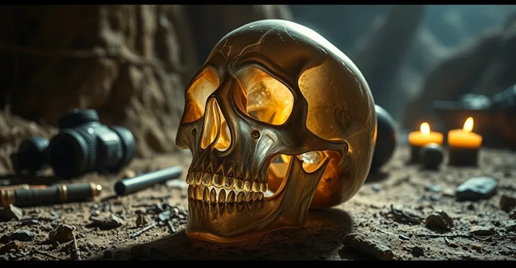 Póster estilo Indiana Jones con calavera de cristal luminosa en primer plano