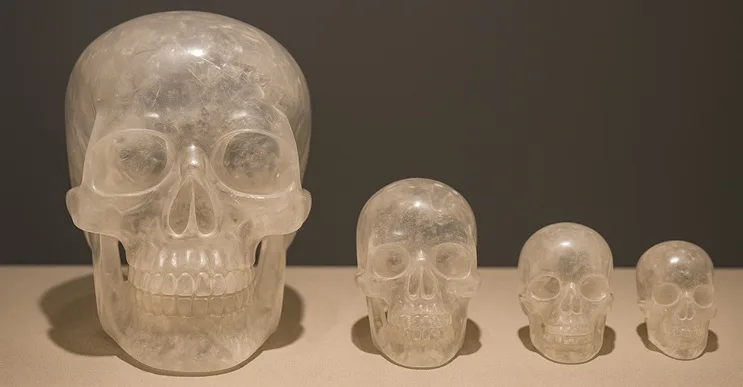 Calaveras de cristal, uno de los misterios sin resolver de la historia, exhibidas en vitrina sobre fondo neutro mostrando transparencia y detalles originales del cristal tallado.