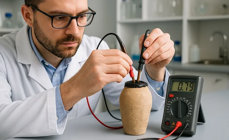 científico mide voltaje batería de Bagdad réplica laboratorio moderno
