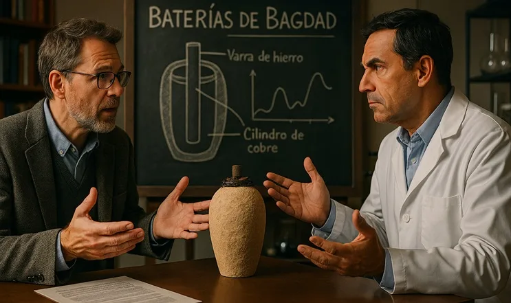 científicos debaten evidencia batería de Bagdad pizarra laboratorio