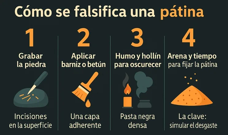 Infografía en español que explica en cuatro pasos cómo se falsifica la pátina de las piedras de Ica: grabar, aplicar barniz, oscurecer con hollín y fijar con arena.