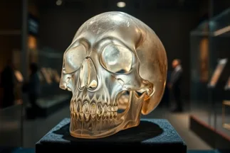 Cráneo de cristal iluminado en vitrina de museo, detalle pulido de cuarzo transparente