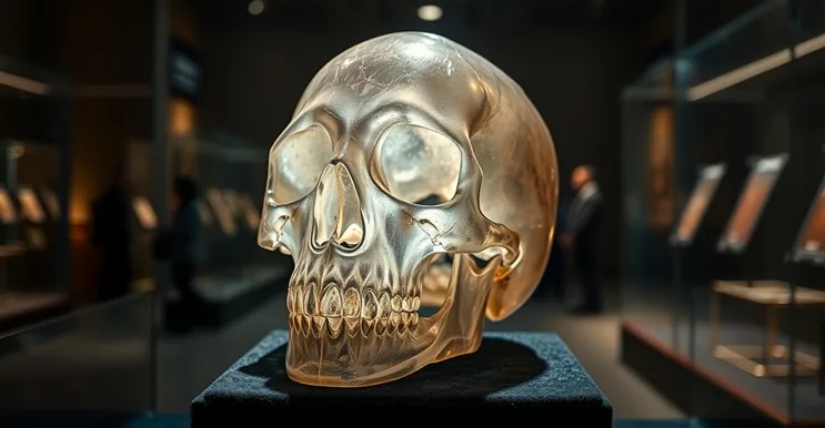 Cráneo de cristal iluminado en vitrina de museo, detalle pulido de cuarzo transparente