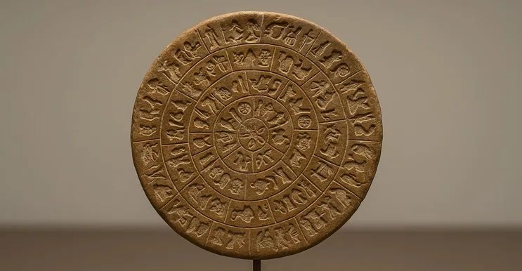 Primer plano del Disco de Festos, con símbolos espirales resaltados sobre fondo de mesa arqueológica