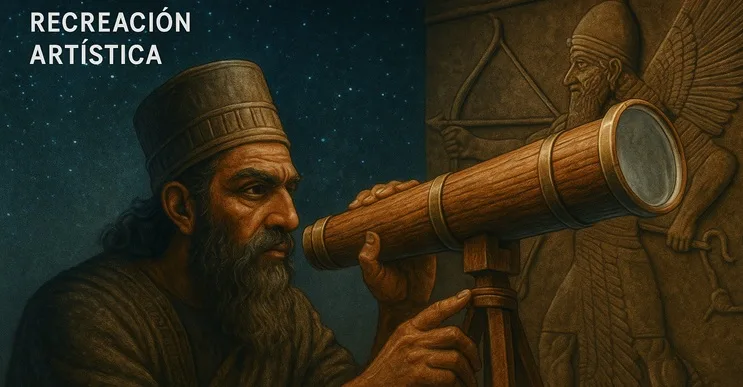 Recreación artística de un erudito asirio usando un telescopio hipotético con lente de Nimrud bajo cielo estrellado; concepto especulativo.