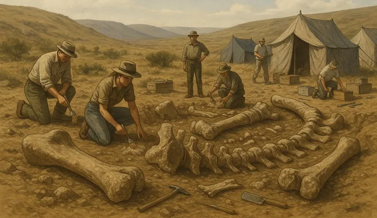 Excavación paleontológica moderna en la Patagonia, científicos junto a huesos gigantes del dinosaurio Patagotitan.
