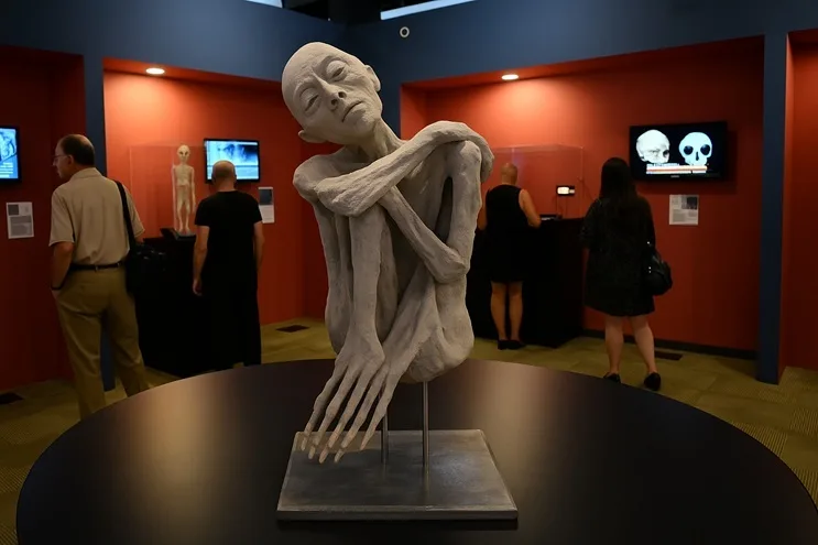 Exhibición en museo con figura humanoide momificada de aspecto tridáctilo, rodeada de visitantes y vitrinas informativas, en ambiente tenue y apaisado.