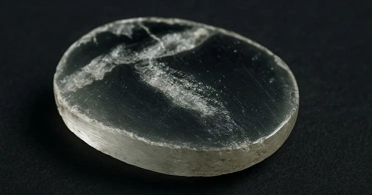 Close‑up de la lente de Nimrud sin escala: cristal de roca ovalado con rayas de pulido y vetas internas visibles en superficie.