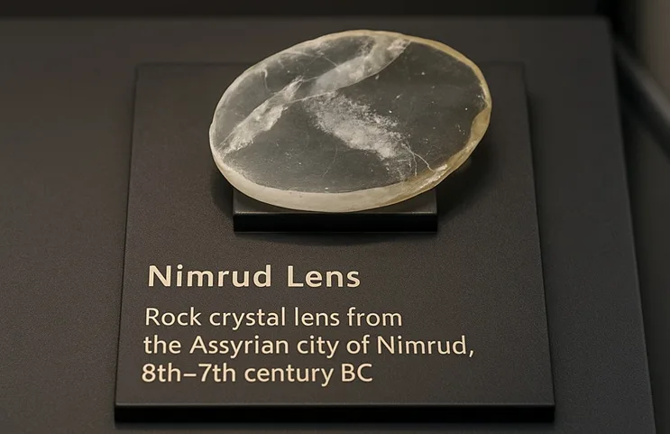 Lente de Nimrud en vitrina de museo sobre placa rotulada; cristal de roca neoasirrio del siglo VIII‑VII a.C.