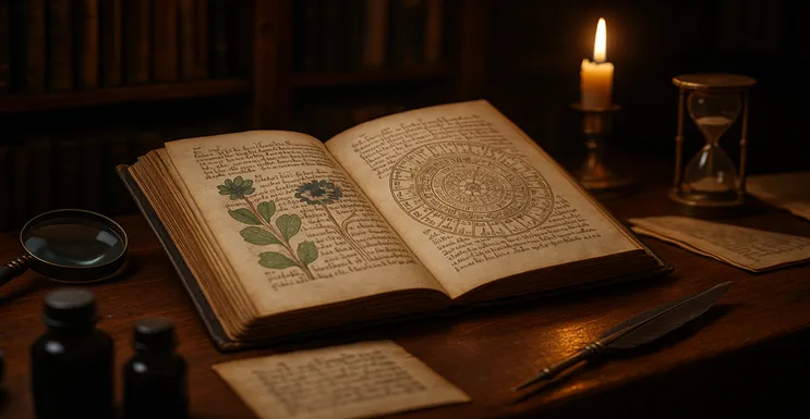 Manuscrito Voynich abierto sobre mesa antigua mostrando símbolos extraños e ilustraciones misteriosas en un ambiente de antigüedad