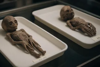 Dos pequeñas momias tridáctilas sobre bandejas blancas en vitrina de laboratorio, con cráneo elongado y etiquetas de inventario, asociadas al caso de las momias de Nazca.