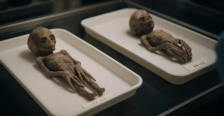 Dos pequeñas momias tridáctilas sobre bandejas blancas en vitrina de laboratorio, con cráneo elongado y etiquetas de inventario, asociadas al caso de las momias de Nazca.