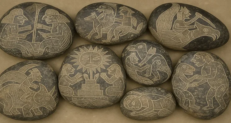 Piedras de Ica grabadas con figuras de dinosaurios y humanos, dispuestas sobre mesa polvorienta y fondo oscuro