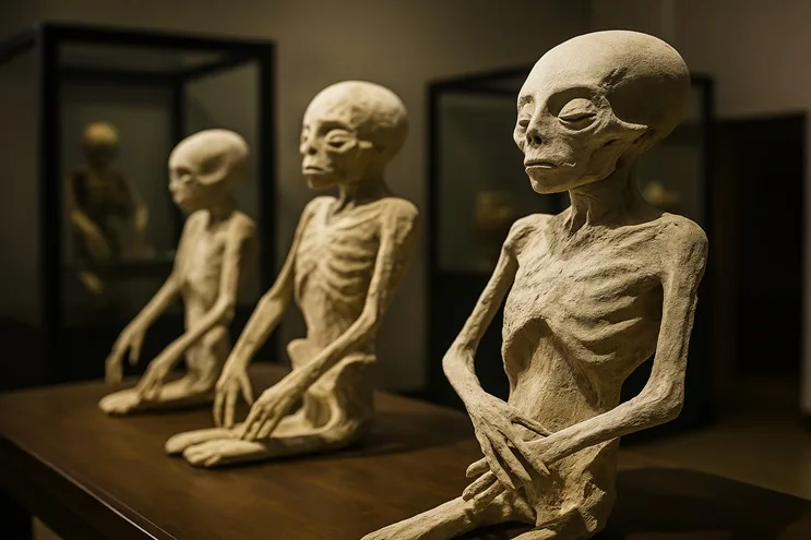 Muestra tres figuras humanoides momificadas con manos de tres dedos, expuestas en una vitrina iluminada, evocando el misterio que rodea a las momias de Nazca.