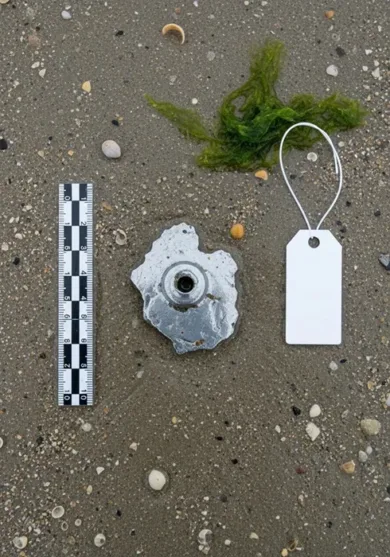 Ovnis fondo del mar: evidencia in situ con fragmento metálico documentado en arena húmeda con escala.
