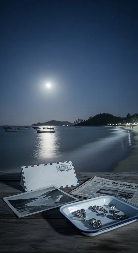 Montaje documental del contexto histórico de Ubatuba en 1957: costa nocturna, sobre de aeropostal, recortes borrosos y fragmentos metálicos.