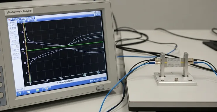 banco de pruebas con analizador vectorial midiendo s11 s21 de una muestra de metamaterial ovni