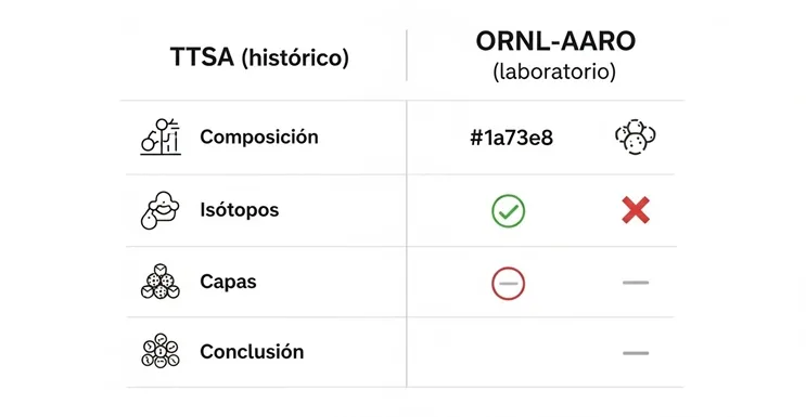 comparativa ttsa vs ornl aaro sobre el supuesto metamaterial ovni (composición isótopos capas y conclusión)