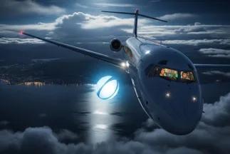 recreación realista del ovni bariloche sobre el lago Nahuel Huapi iluminando al DC-9 en 1995